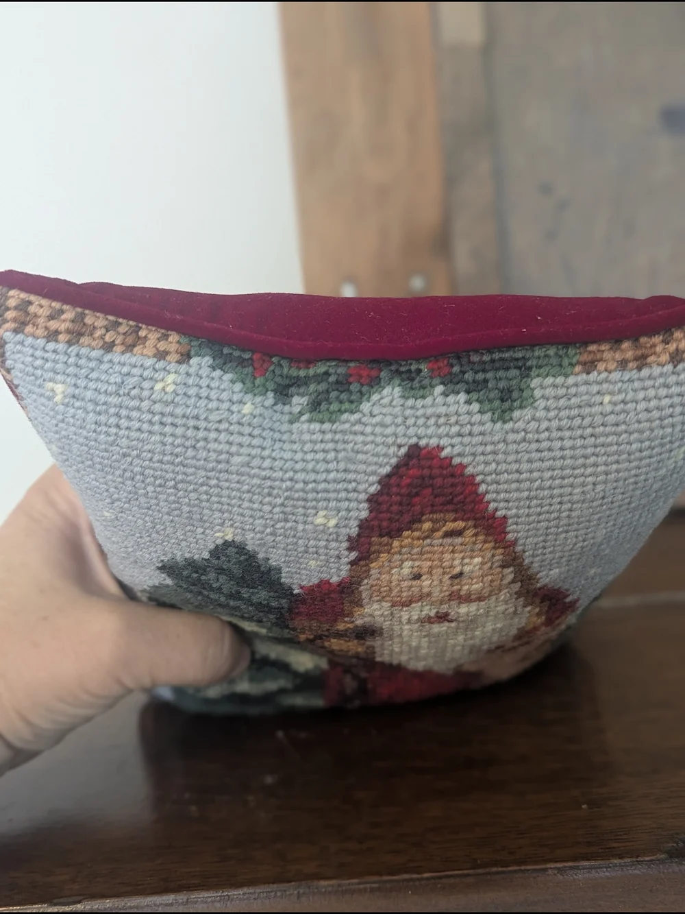 Hand-Stitched Santa Claus Christmas Needlepoint Pillow Vintage